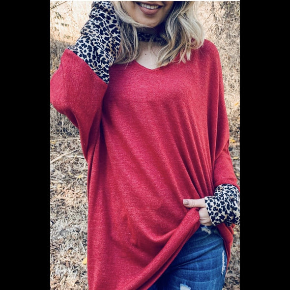 Rosy Girl Choker Neck Leopard Trim Dolman Sweater