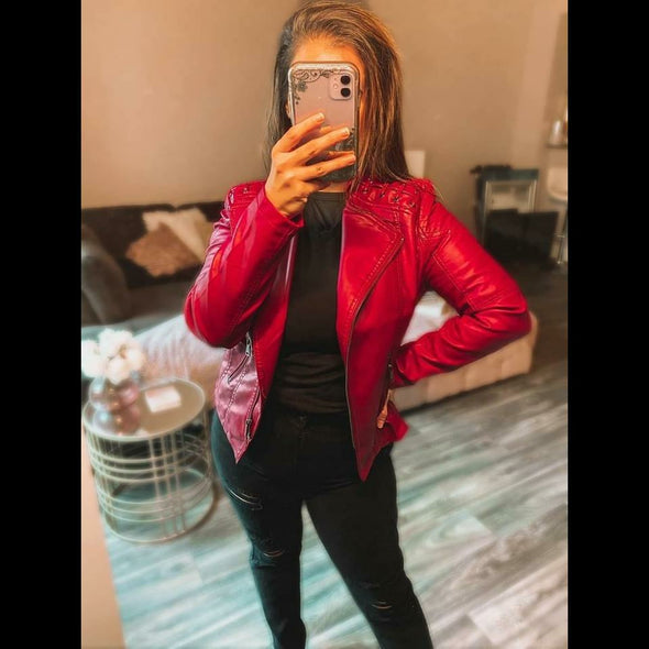 Briana Vegan Leather Moto Jacket in Red