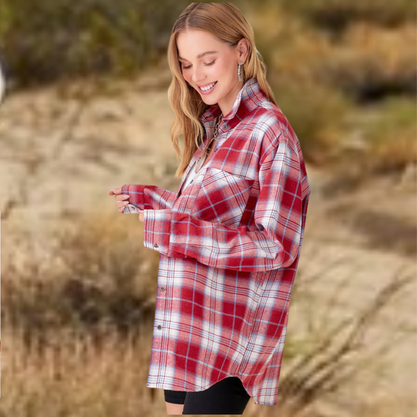 Front Range Plaid Flannel Button Down Shirt in Ruby Sky