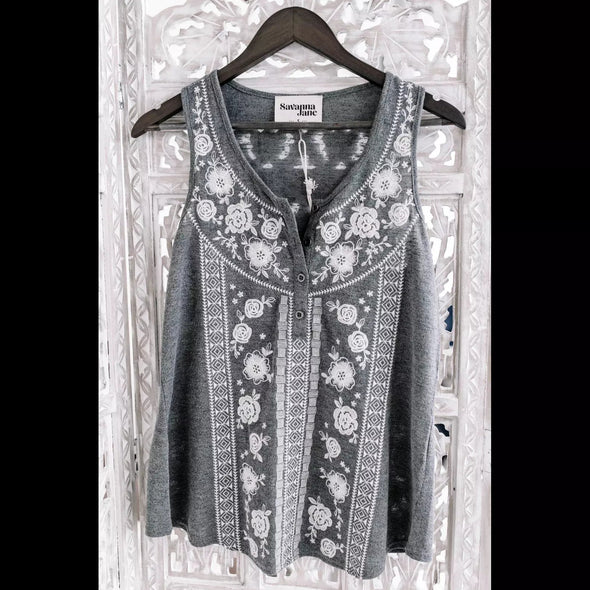 Loose Threads Sleeveless Embroidered Top in Charcoal