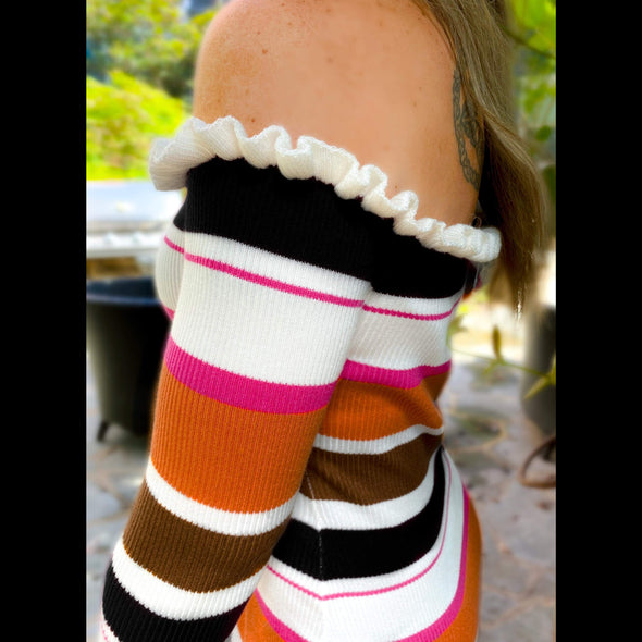 Oaklynn Off the Shoulder Striped Sweater Dress