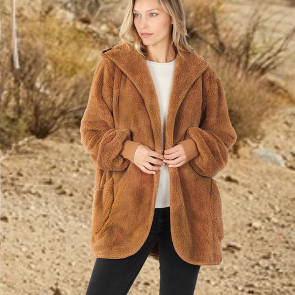The Grizz Plush Hooded Faux Fur Jacket with Pockets in Cinnamon