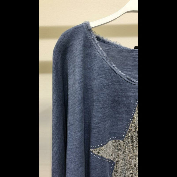 Shine On Sequin Star Fringed Lightweight Sweater in Cadet Blue