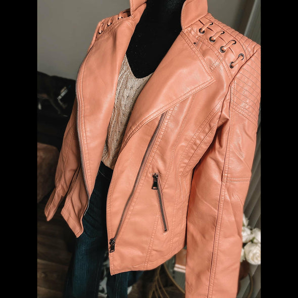Briana Vegan Leather Moto Jacket in Rose Pink