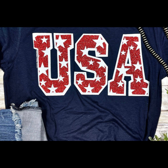 USA Graphic Glitter V- Neck Tee in Navy