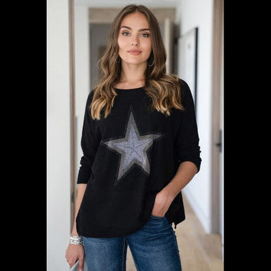 Shine On Outline Sequin Star Sweater in Black by Venti6