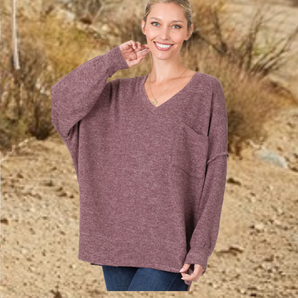 The Softest Sweater Ever Oversized Pocket Sweater in Dusty Eggplant