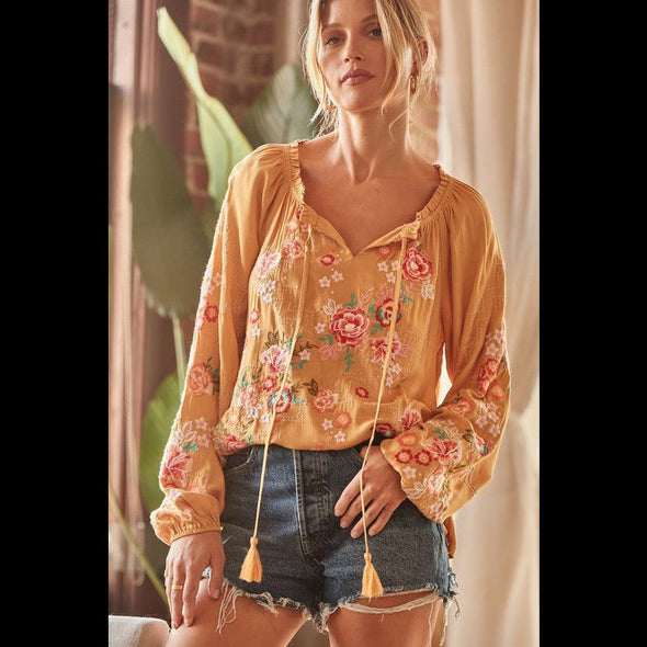 Cabo Breeze Embroidered Tunic Top in Marigold