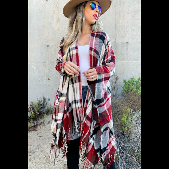 Campfire Cozy Fringed Kimono Cardigan in Red and Black Plaid
