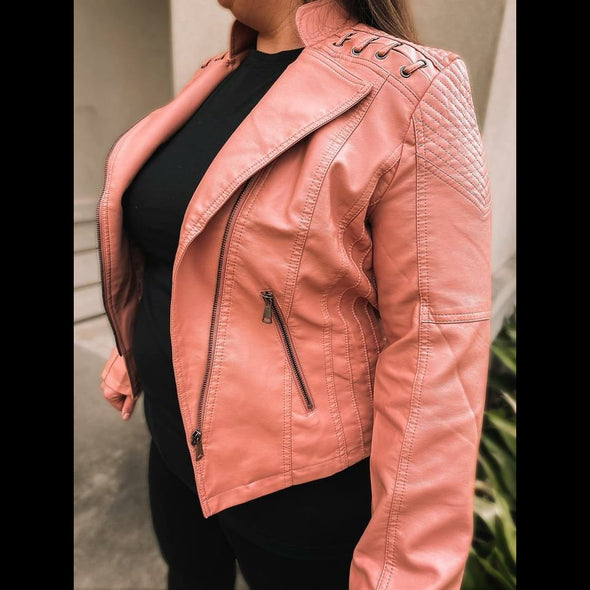 Briana Vegan Leather Moto Jacket in Rose Pink