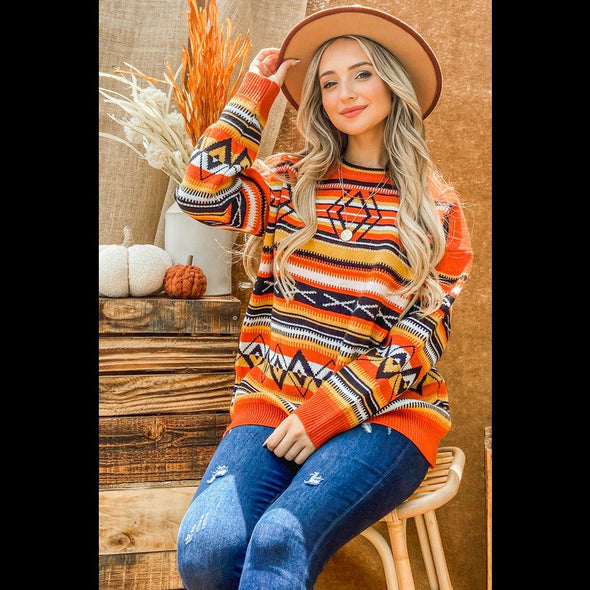 Candy Corn Autumn Aztec Print Pullover Sweater