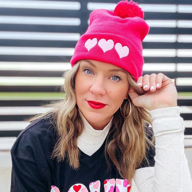 Tri  Heart Beanie in Hot Pink