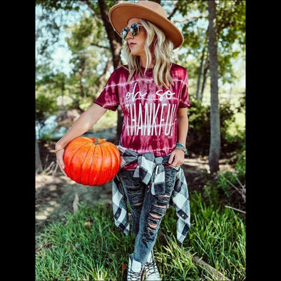 Oh So Thankful Tie Dye Graphic Tee in Cranberry