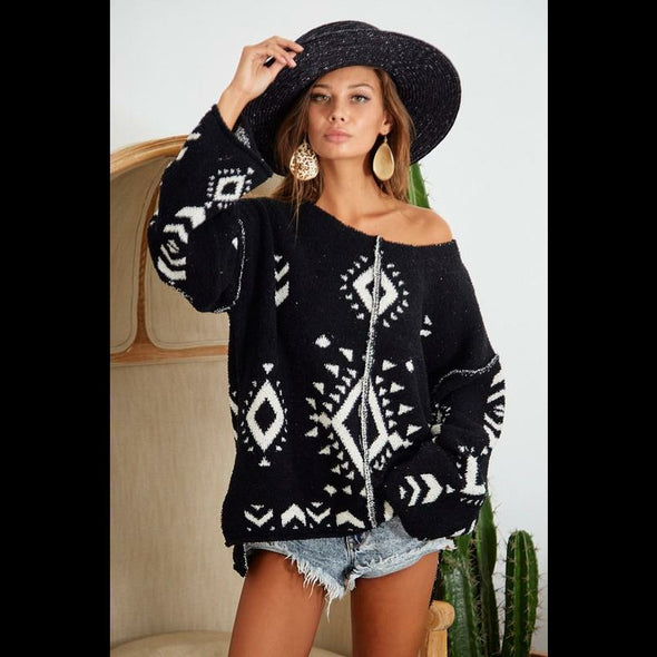 Take Me to Telluride Aztec Print Fuzzy Sweater in Heather Black