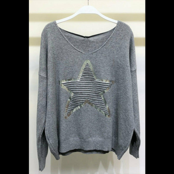Silver Star Foil Outline Sweater in Fog