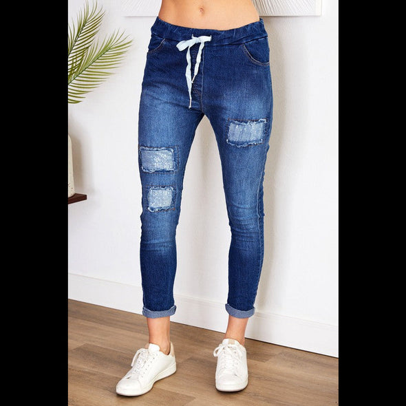 Fade Away Crinkle Denim Sequin Patch Joggers by Venti6