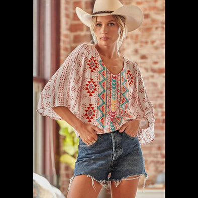 Weekend in Sedona Embroidered Bat Wing Top