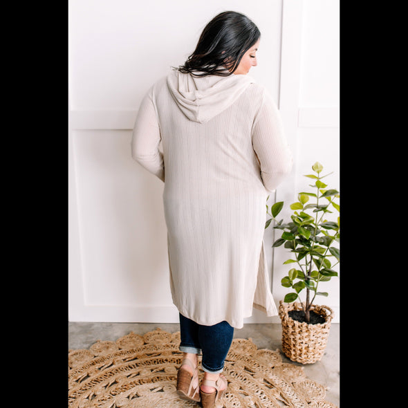 Open Front Knit Hooded Cardigan With Pockets In Light Taupe