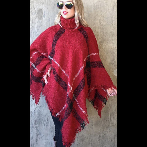 Smoky Mountain Getaway Poncho in Ruby Red Plaid