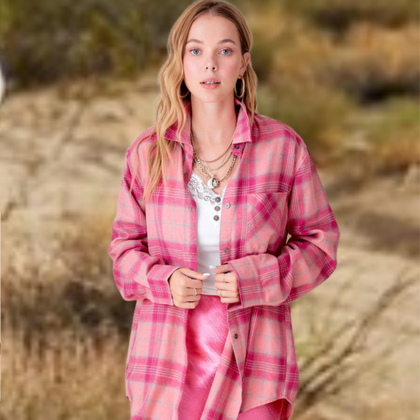 Front Range Plaid Flannel Button Down Shirt in Cotton Candy