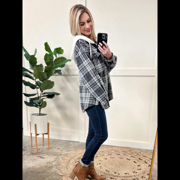 Hooded Flannel Shacket In Grey Plaid
