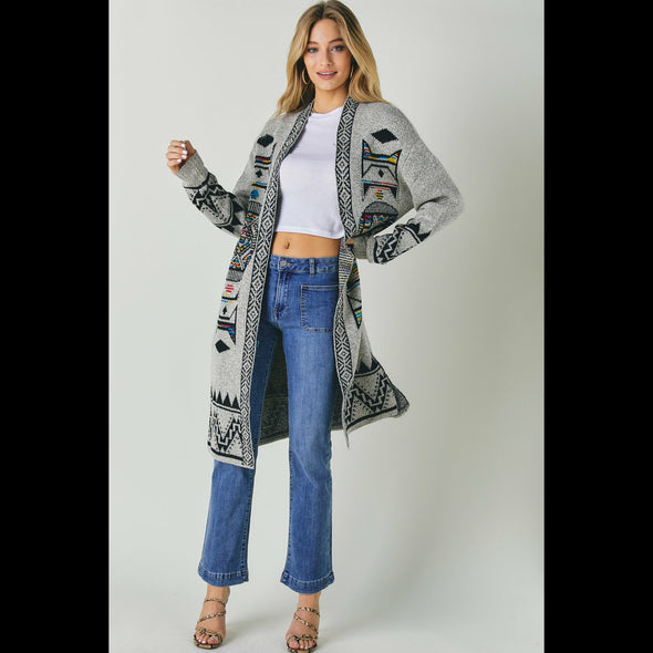 Mayan Words Woven Tribal Print Long Cardigan in Cave Gray